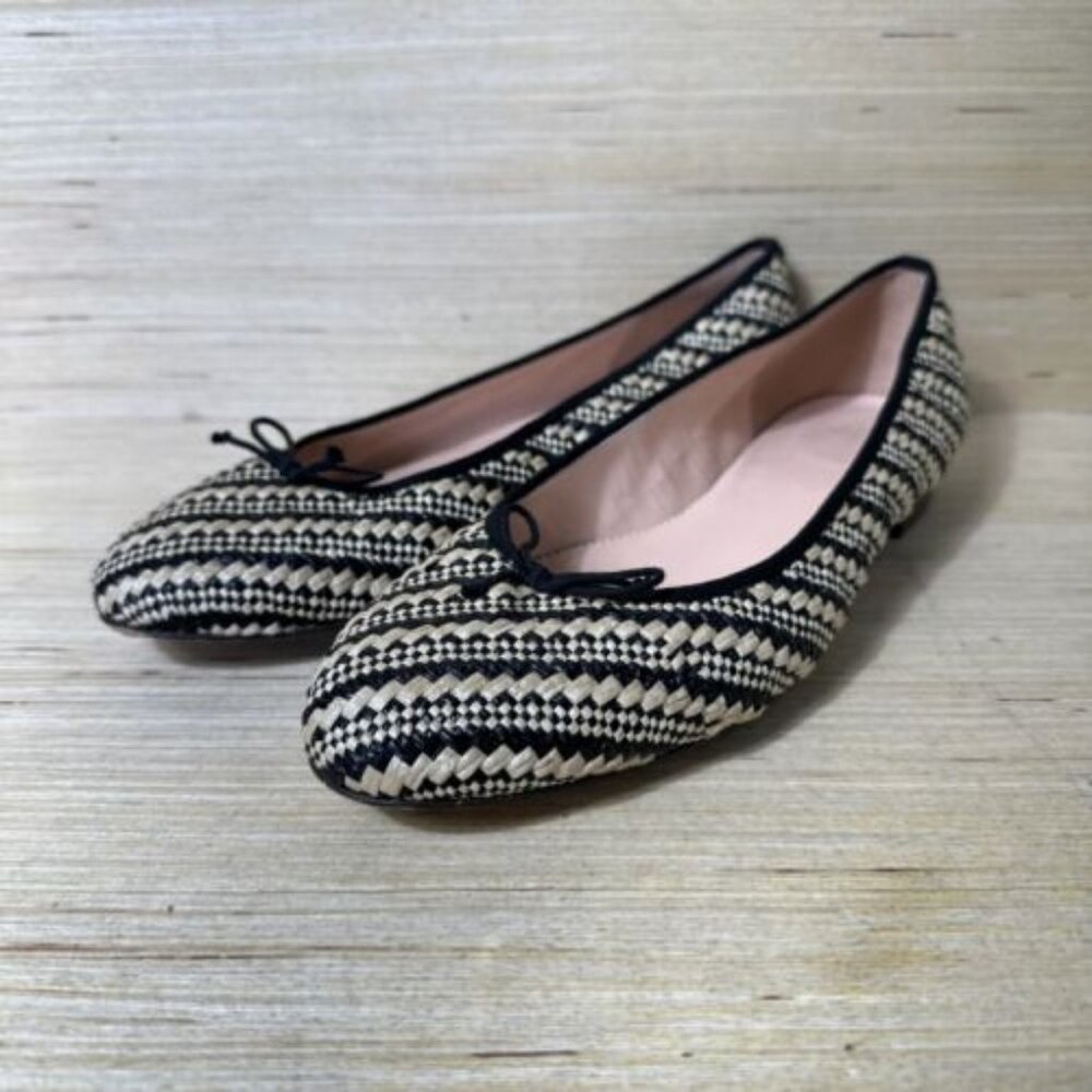 J. Crew Women's Kiki Ballet Flats in Raffia Stripes Black/Natural Size 8 1/2 EUC